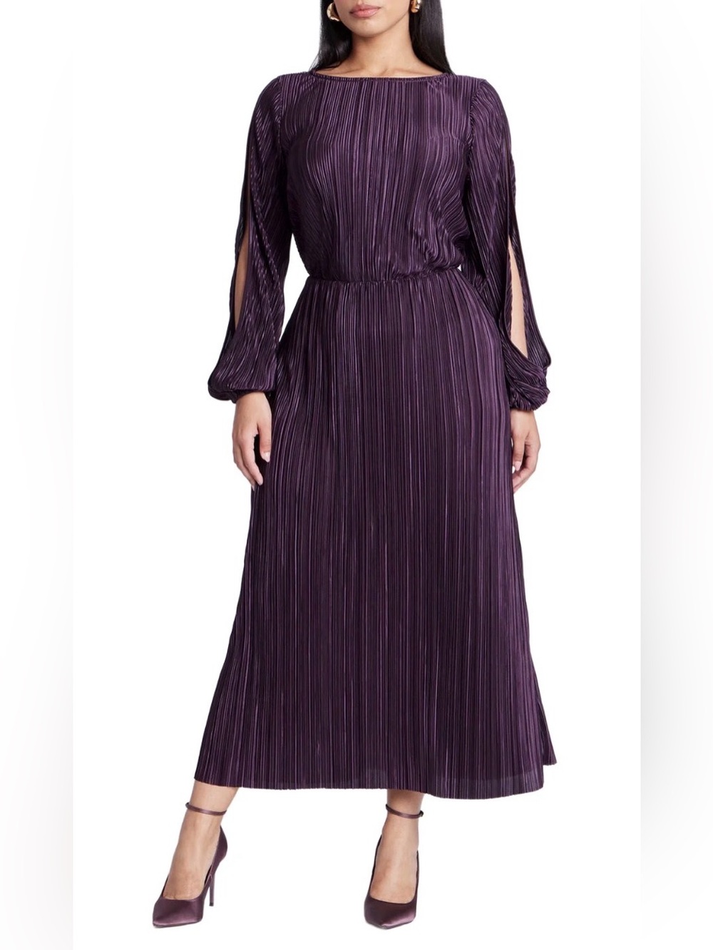 ELOQUII Plisse Open Sleeve Maxi Dress Purple Size 18 Plus Wedding Guest Event